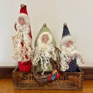 Christmas Decor Hand Crafted Santa Trio in Vintage Wooden Box